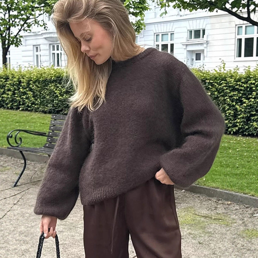 Damen Flauschiger Rundhals-Pullover mit Ballonärmeln und kastiger Silhouette Echoarchiv