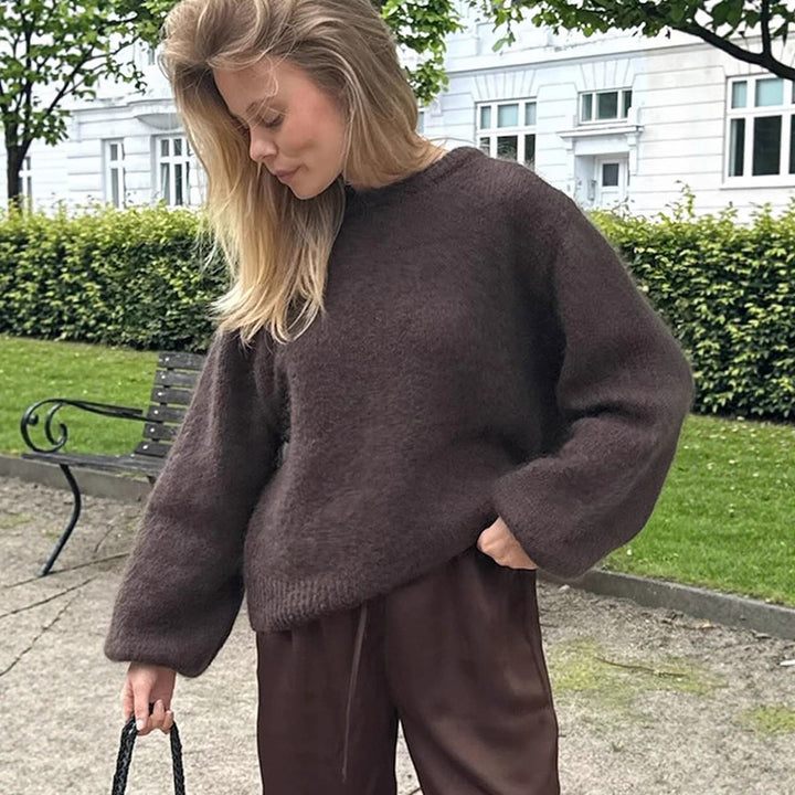 Damen Flauschiger Rundhals-Pullover mit Ballonärmeln und kastiger Silhouette Echoarchiv