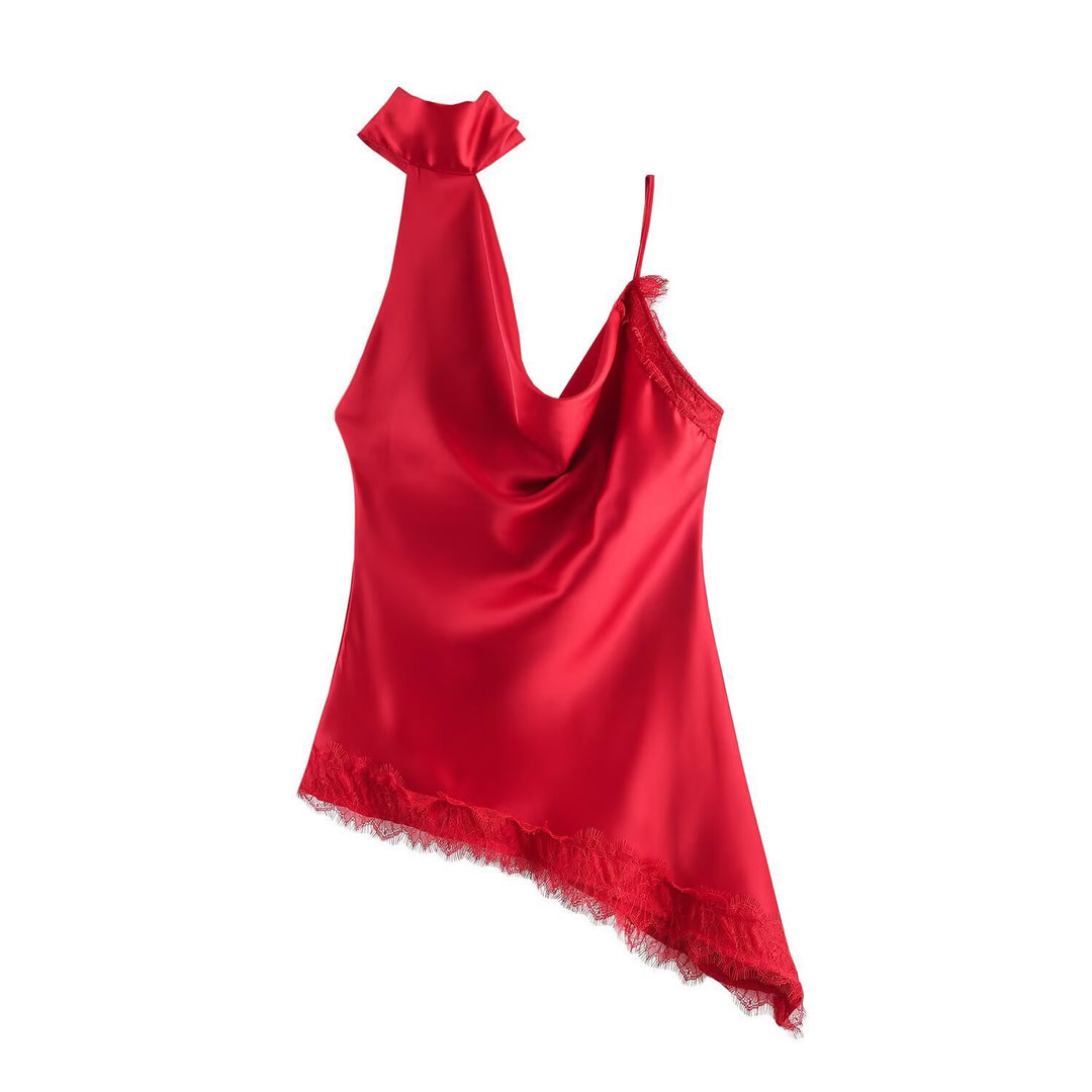 Damen elegantes Satin-Top mit asymmetrischem Saum und Spitzendetails Echo Archiv