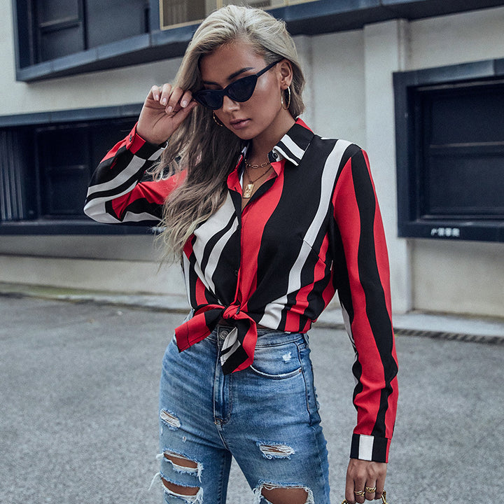 Damen Langarm-Hemdbluse mit Knotenfront, Hemdblusenkragen und vertikalen Streifen Echoarchiv