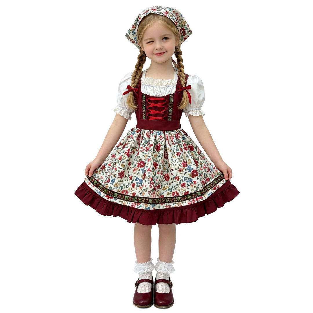 Damen nan traditionelles Kinderdirndl mit Schürze Haarband Spitzenbluse und Zierschnürung Echo Archiv