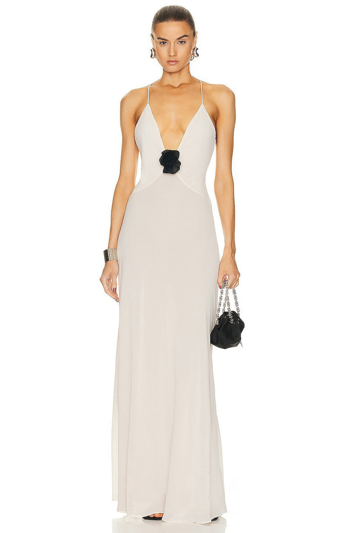 Damen Elegantes Maxikleid mit tiefem V-Ausschnitt und zarter Blumenapplikation Echo Archiv