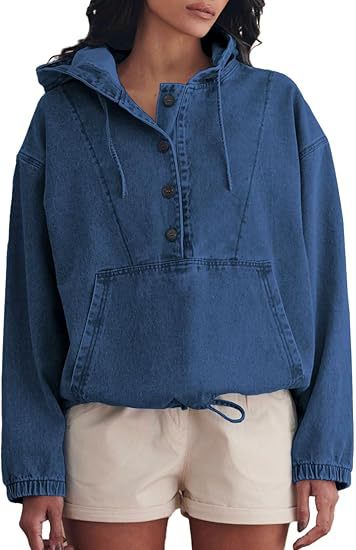 Damen Denim-Hoodie mit halber Knopfleiste, Kängurutasche und Tunnelzugsaum Echo Archiv