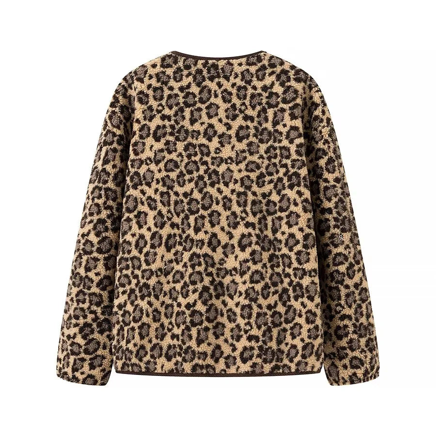 Damen Teddyjacke mit Leopardenmuster Knopfverschluss und Kordbesatz – Célinea