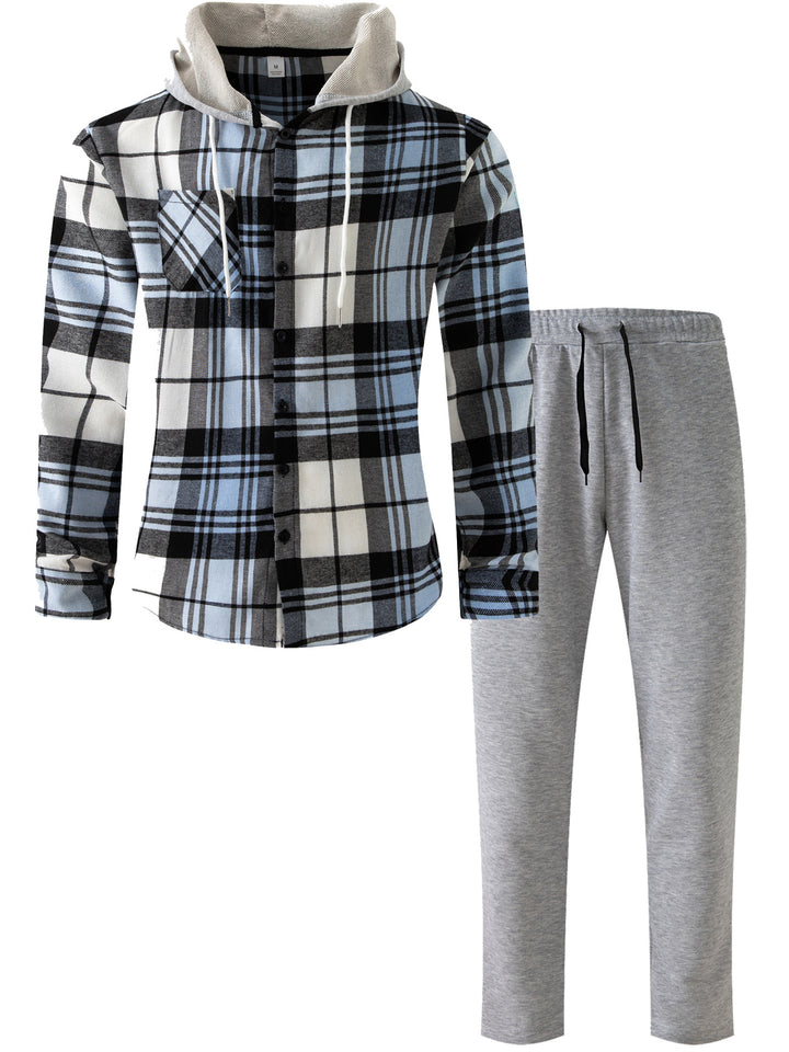 Herren lässiges Flanell-Hemd mit Kapuze und Jogginghose Set Echoarchiv