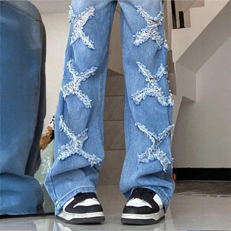 Damen Weite Denim-Jeans im Baggy-Stil mit dekorativen Fransenstern-Applikationen Echo Archiv