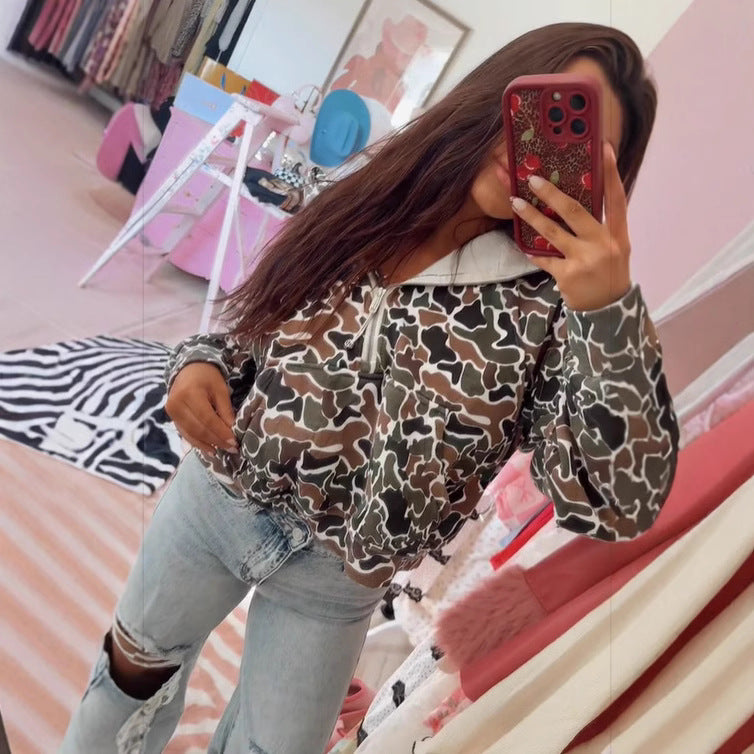 Damen Oversize Kapuzen-Half-Zip-Sweatshirt mit gefütterter Kapuze und Allover-Print – Mavelle