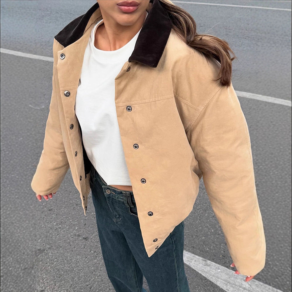 Damen Kurzer Cord-Workwear-Blouson mit Kontrastkragen Echoarchiv