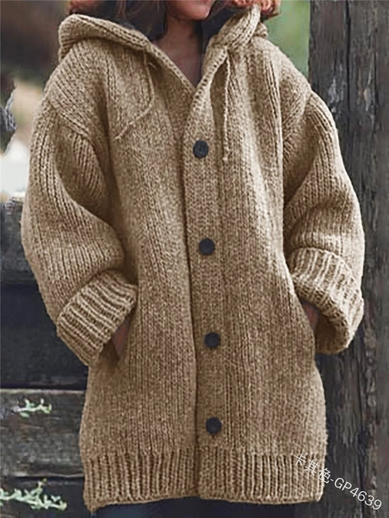 Damen weit geschnittener Kapuzen-Strickmantel mit Knopfleiste und Eingrifftaschen Echo Archiv