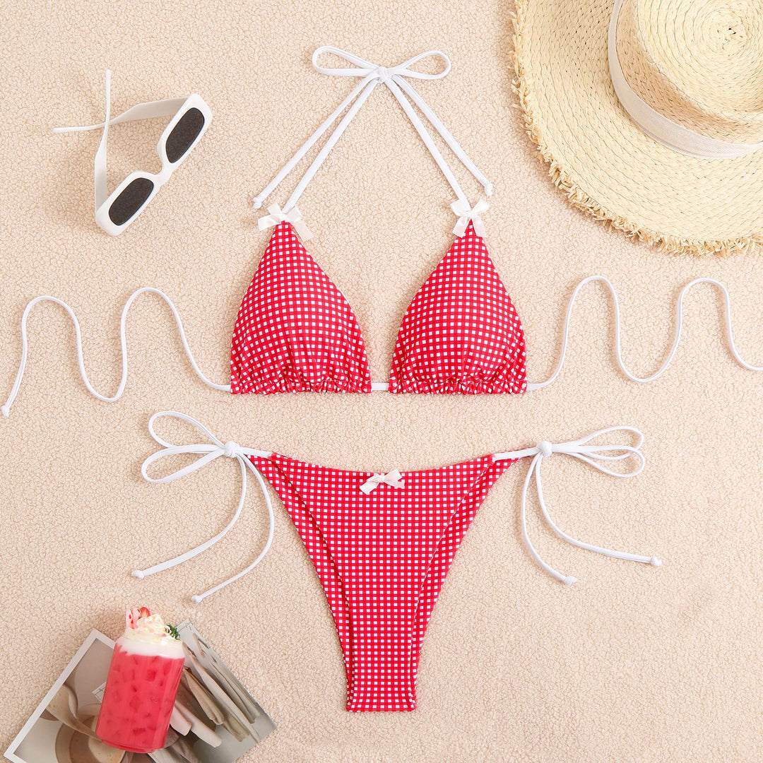 Damen Triangel-Bikini mit kariertem Muster und verspielten Schleifen Echo Archiv