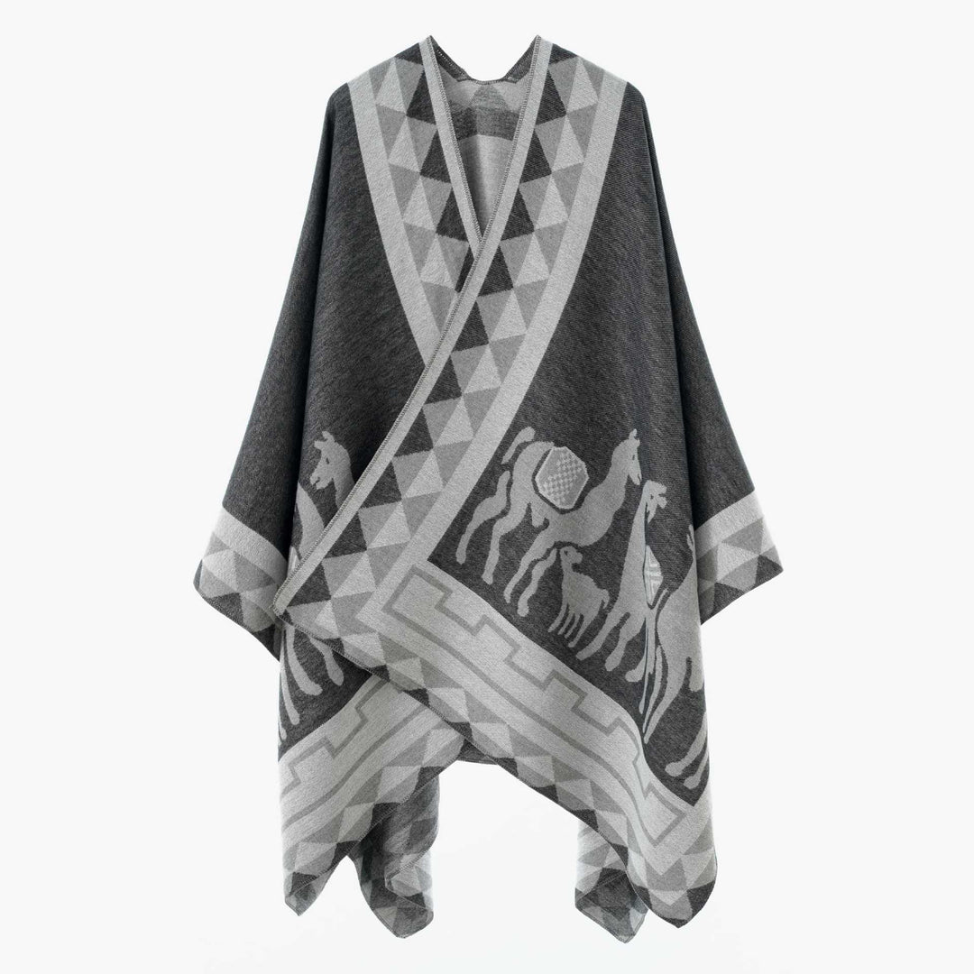Damen Wolloptik-Poncho im Überwurfstil mit grafischem Reiter-Jacquard – Avérine