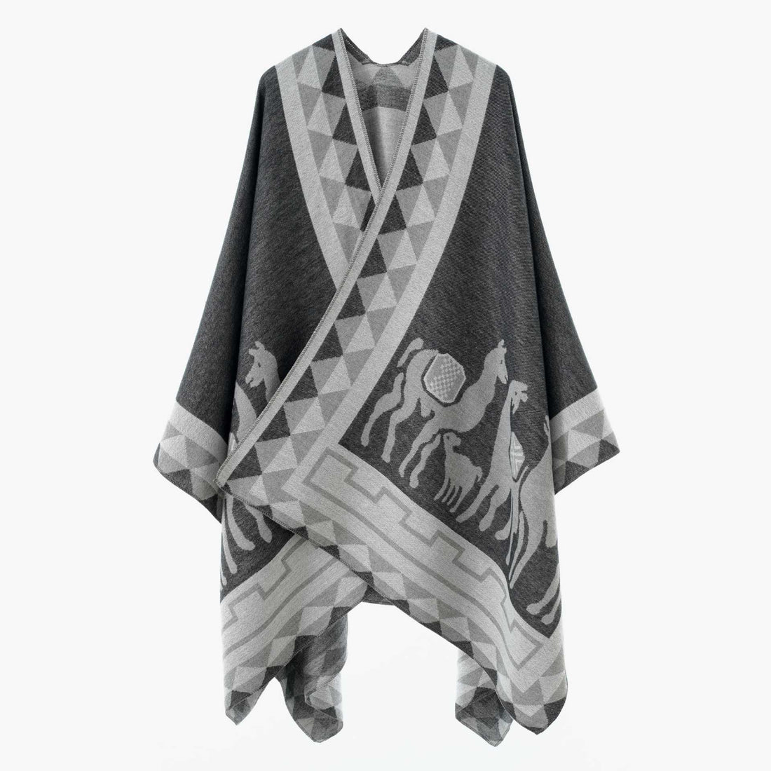 Damen Jacquard-Poncho mit Reitmotiv und geometrischem Bordürenmuster – Veloura