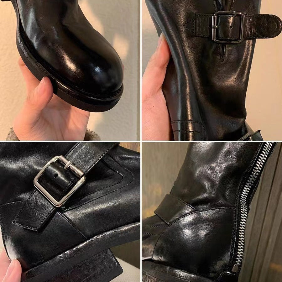 Damen Wadenhohe Biker‑Stiefel aus Glattleder mit Doppelgurt und Rückreißverschluss Echo Archiv