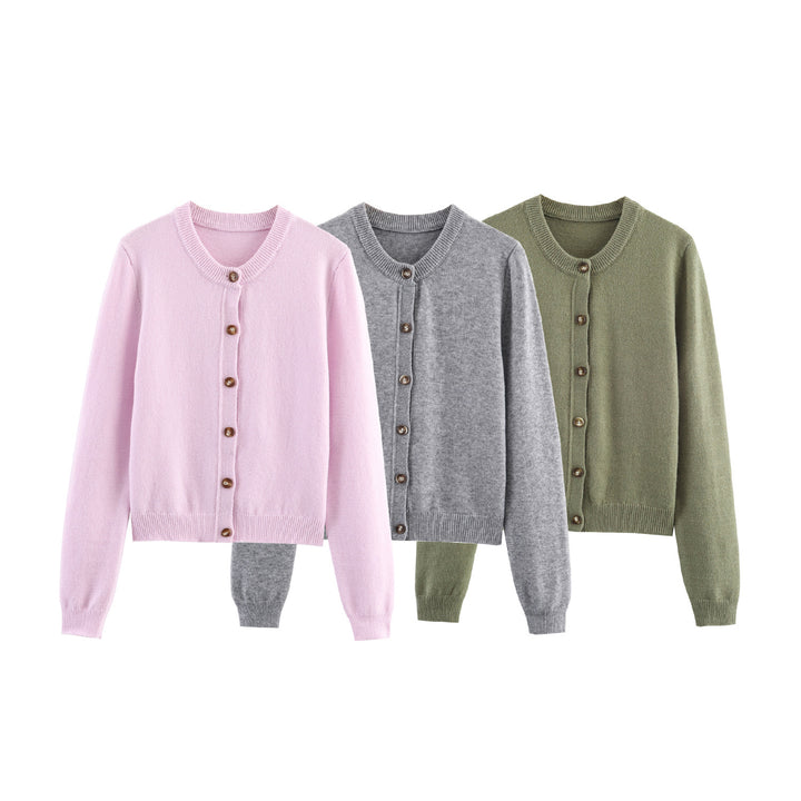 Damen feiner Knopfcardigan mit Rundhalsausschnitt, durchgehender Knopfleiste, geripptem Saum und schmaler Silhouette – Veloura