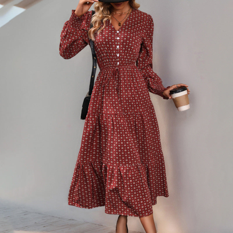 Damen Midikleid mit V-Ausschnitt, Smok-Taille, Stufensaum und floralem Allover-Print – Élara