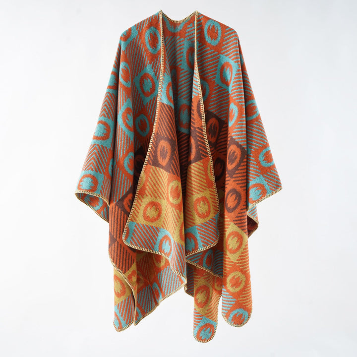 Damen Jacquard-Wickelponcho aus feinem Strick mit grafischem Kreis-Jacquard und offener Kimono-Silhouette – Veloura
