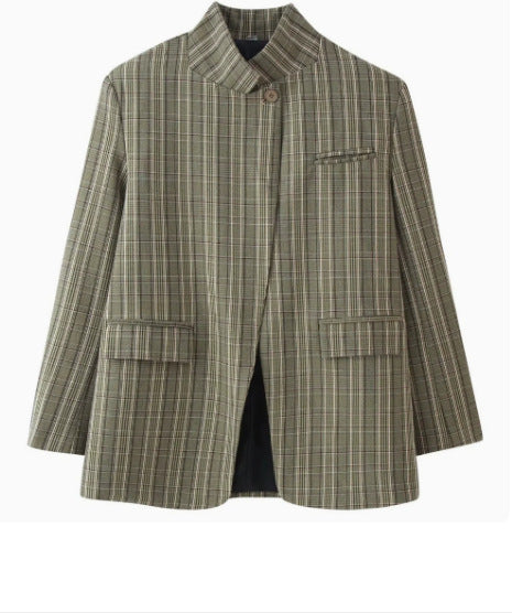Damen 60+ karierter Mantelblazer mit Mandarinkragen, asymmetrischer Überlappung und Pattentaschen Echo Archiv