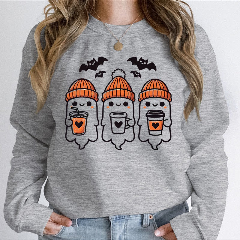 Damen nan gemütlicher Halloween Grafikpullover mit niedlichen Geist-Motiven, Rundhalsausschnitt und weichem Baumwollmix Echo Archiv