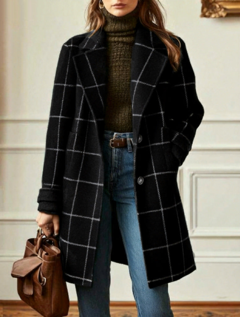 Damen nan karierter Wollmix Mantel mit Reverskragen, aufgesetzten Taschen und taillierter Silhouette Echo Archiv