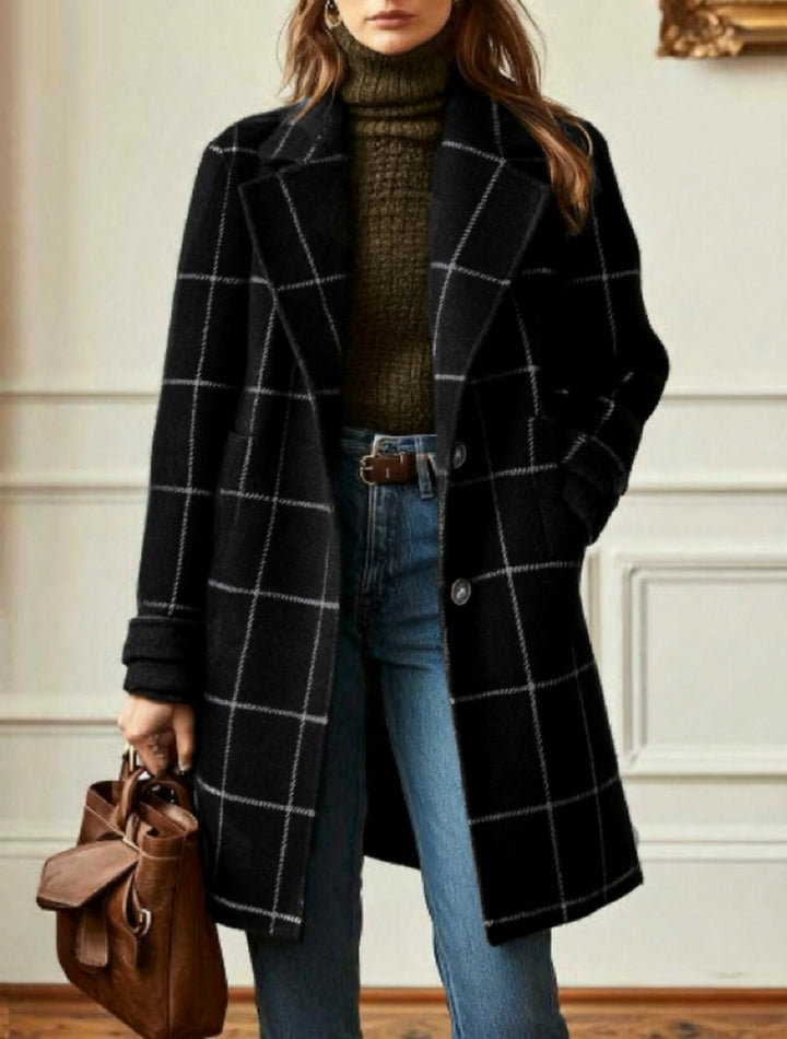 Damen nan karierter Wollmix Mantel mit Reverskragen, aufgesetzten Taschen und taillierter Silhouette Echo Archiv