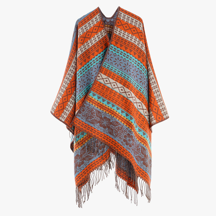 Damen Cape-Poncho mit mehrfarbigem Jacquard, offener Front und Fransensaum – Avérine