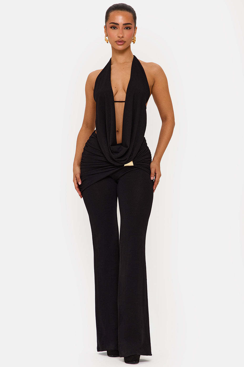 Damen elegantes, figurbetontes Jumpsuit mit tiefem Ausschnitt und weitem Bein Echo Archiv