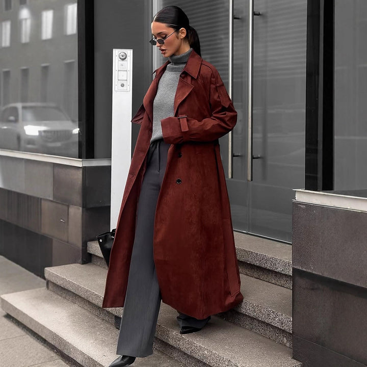 Damen langer Trenchcoat aus Veloursimitat mit doppelter Knopfleiste Echoarchiv