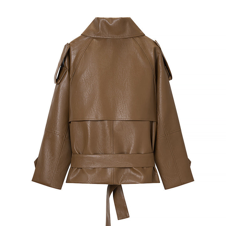 Damen Kurze Doppelreiher Kunstleder-Trenchjacke mit Taillengürtel Echo Archiv