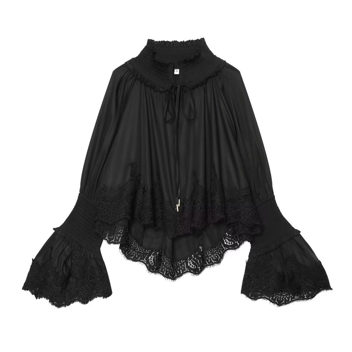Damen Bluse mit hohem Rüschenkragen, geschmückten Manschetten und Spitzenbordüre Echo Archiv