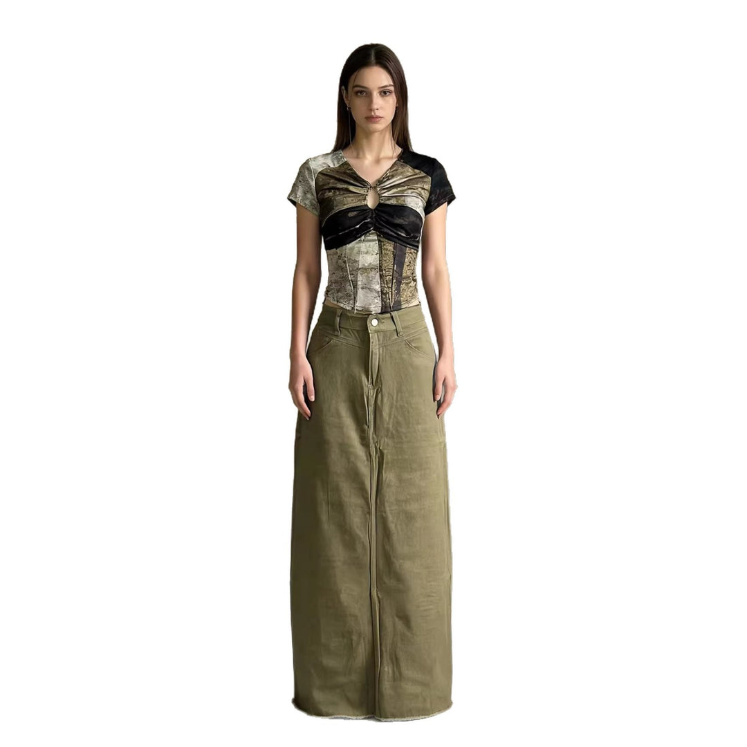 Damen nan langer High-Waist Denim-Maxirock mit gerader Silhouette und rohem Saum Echo Archiv