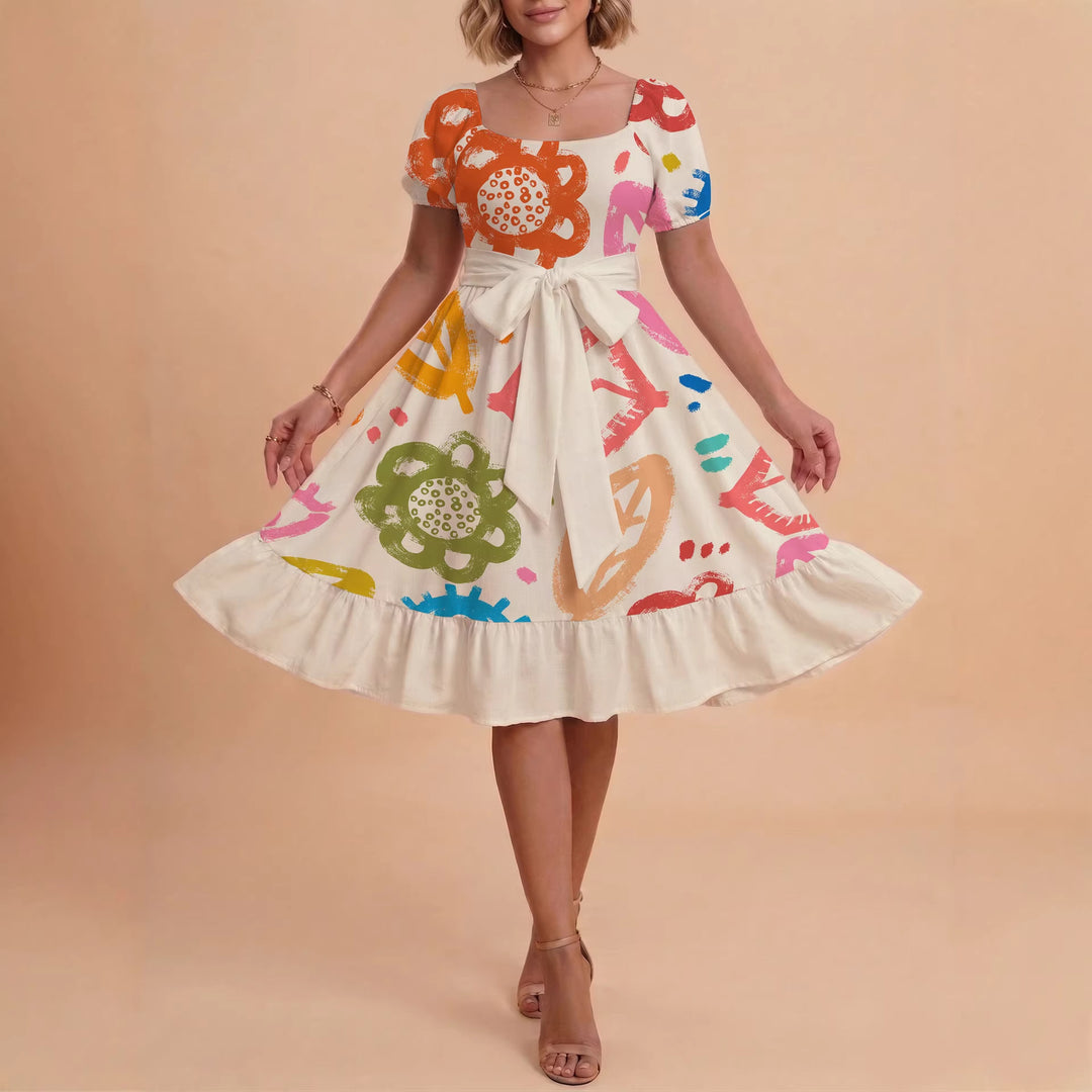Damen Sommerkleid mit floralem Puffärmel und taillierbarem Gürtel Echo Archiv