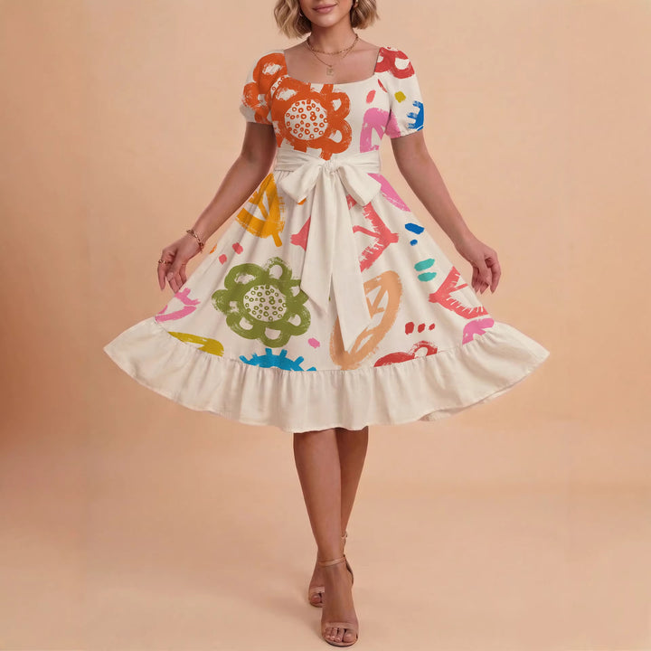 Damen Sommerkleid mit floralem Puffärmel und taillierbarem Gürtel Echo Archiv