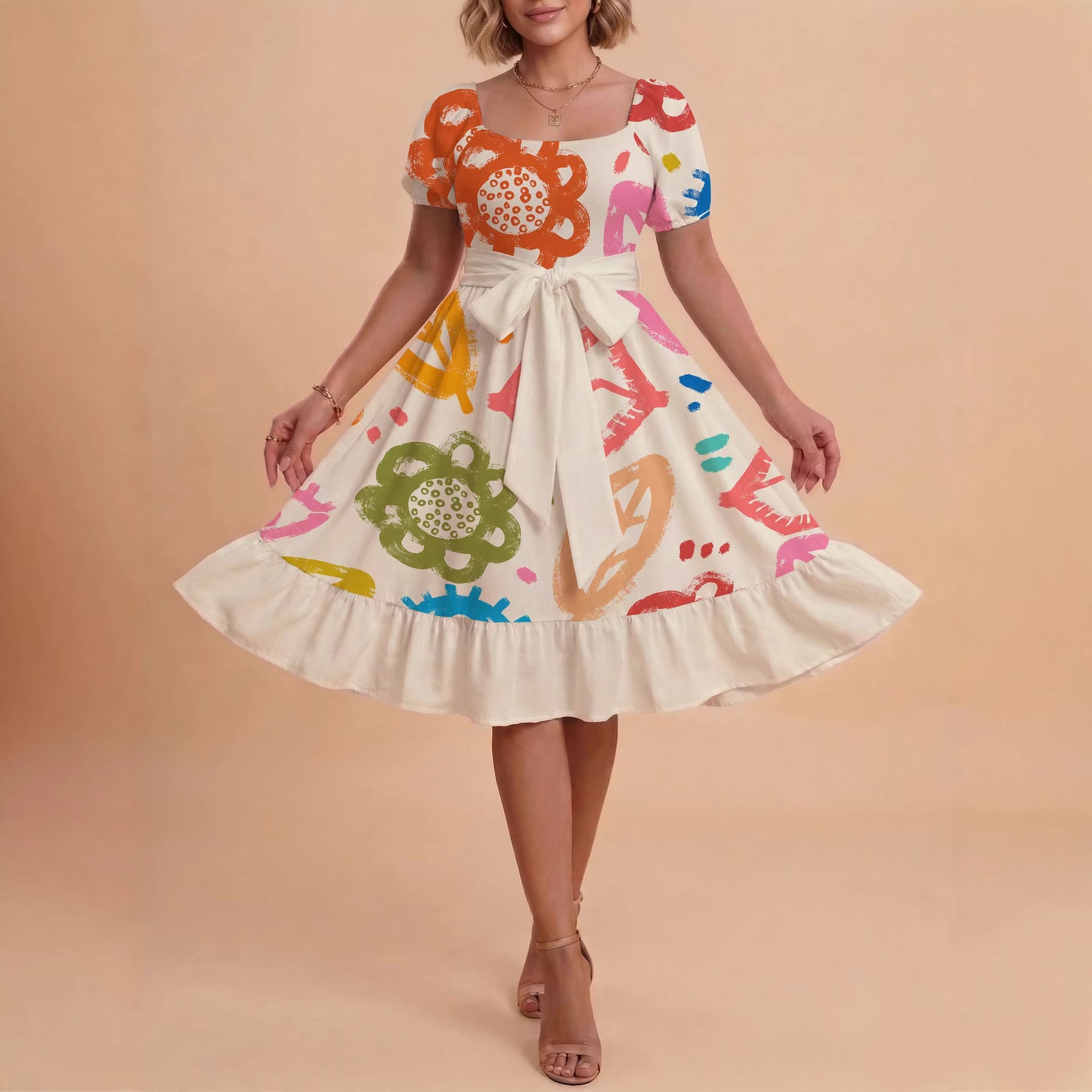 Damen Sommerkleid mit floralem Puffärmel und taillierbarem Gürtel Echo Archiv