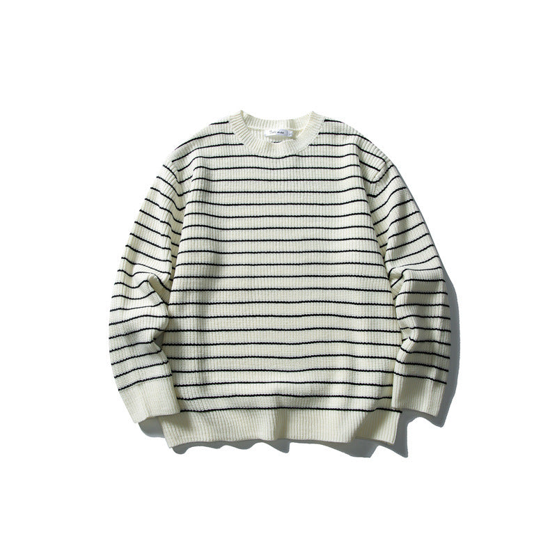 Unisex Breitripp-Strickpullover mit maritimem Streifenmuster und geradem Saum Echoarchiv