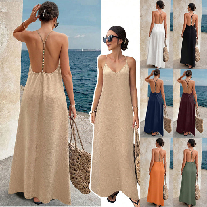 Damen Fließendes Maxikleid mit Spaghettiträgern, V-Ausschnitt und sommerlicher Leinenoptik Echo Archiv