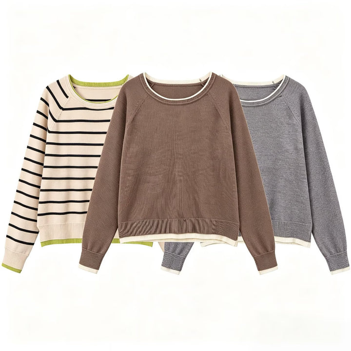 Damen Feinstrick-Pullover mit Lagenoptik, Rundhalsausschnitt und Raglanärmeln Echoarchiv