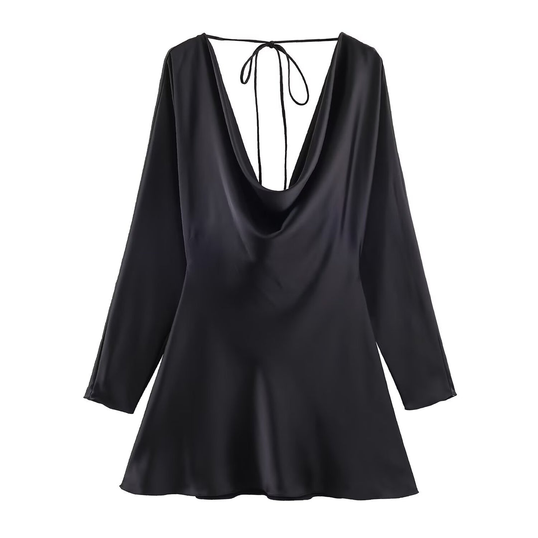 Damen Kurzes Satin-Minikleid mit tiefem Wasserfall‑Rücken, V‑Ausschnitt vorne und langen Ärmeln Echoarchiv