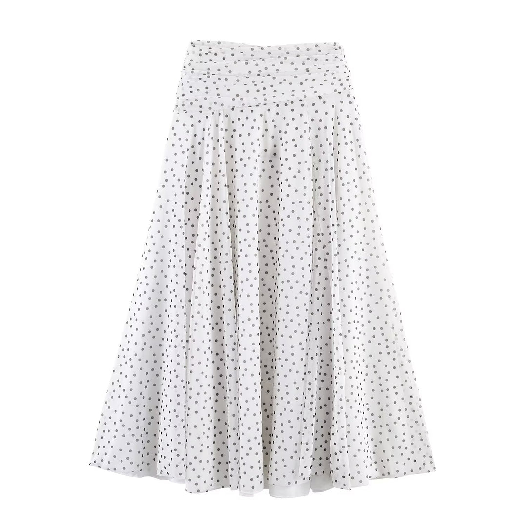 Damen Polka-Dot Midirock mit hohem Bund, A-Linie und mehrlagigem Chiffon Echo Archiv