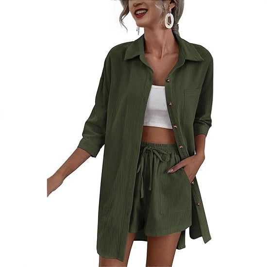 Damen Leichtes Longline-Hemdjacken-Set mit elastischer High-Waist-Shorts – Élanora