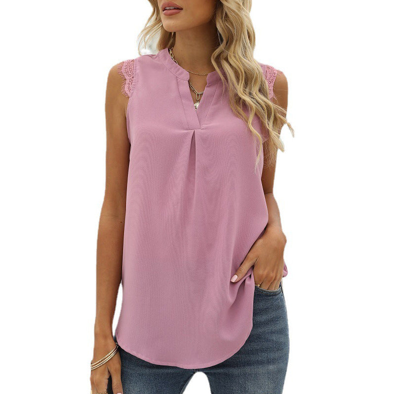 Damen Ärmelloses Blusenshirt mit Elegantem Spitzeneinsatz und Modischen Falten Echoarchiv