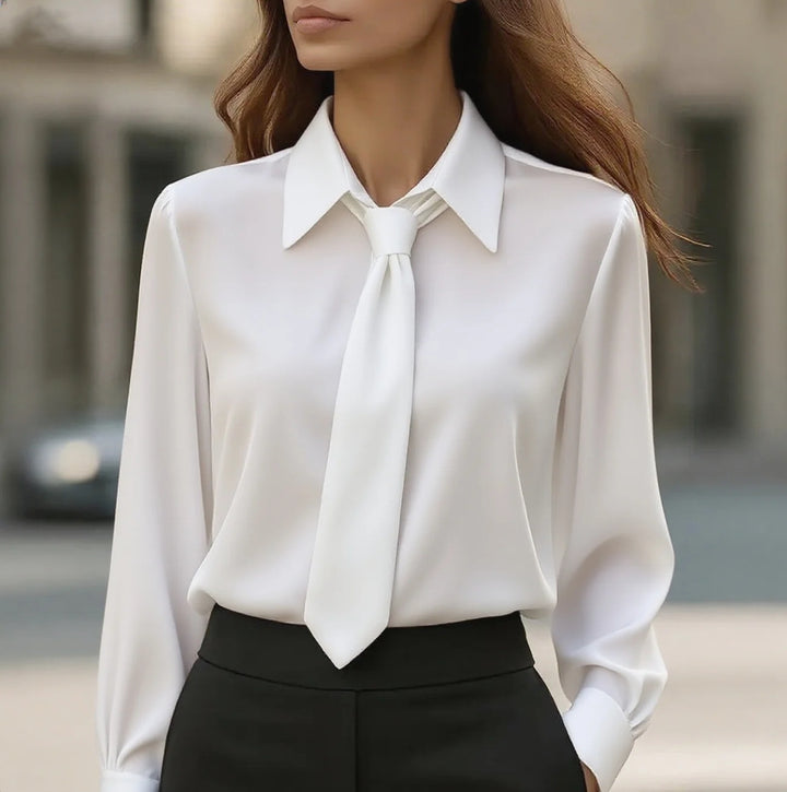 Damen Seidige Business Bluse mit Hemdkragen und integrierter Schleife Echoarchiv