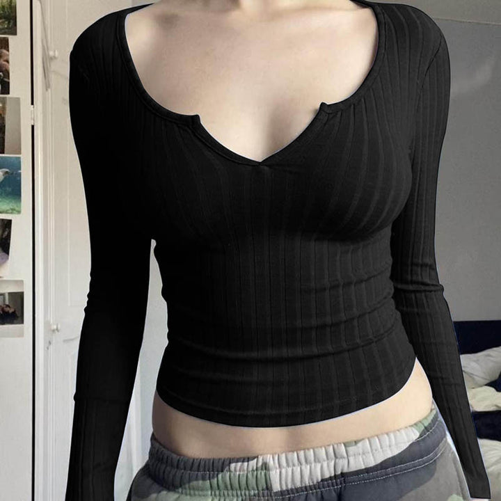 Damen figurbetontes Langarmshirt mit V-Ausschnitt und Rippstruktur Echo Archiv