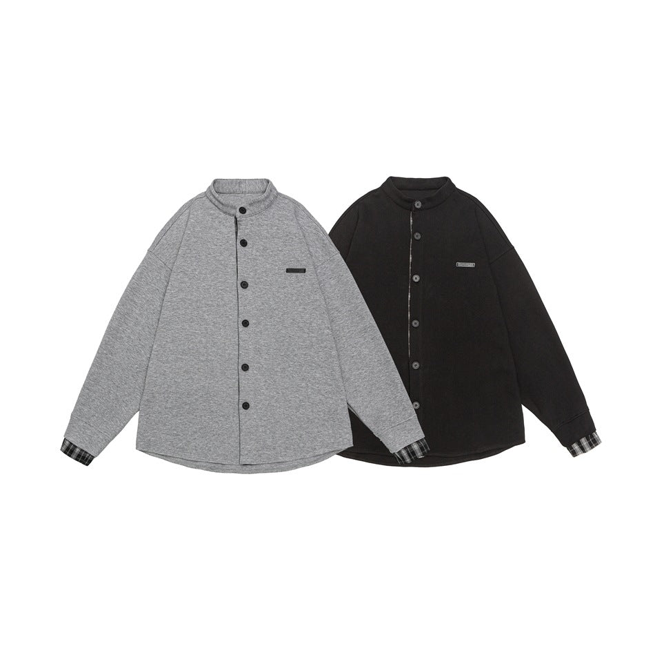 Unisex Oversize-Hemdjacke im Sweat-Overlay mit Stehkragen und karierter Innenmanschette Echoarchiv