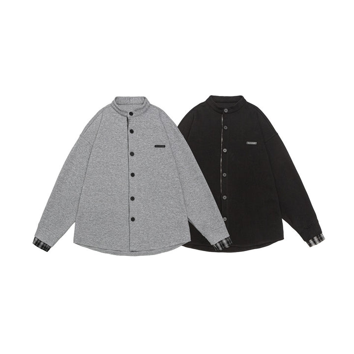 Unisex Oversize-Hemdjacke im Sweat-Overlay mit Stehkragen und karierter Innenmanschette Echoarchiv