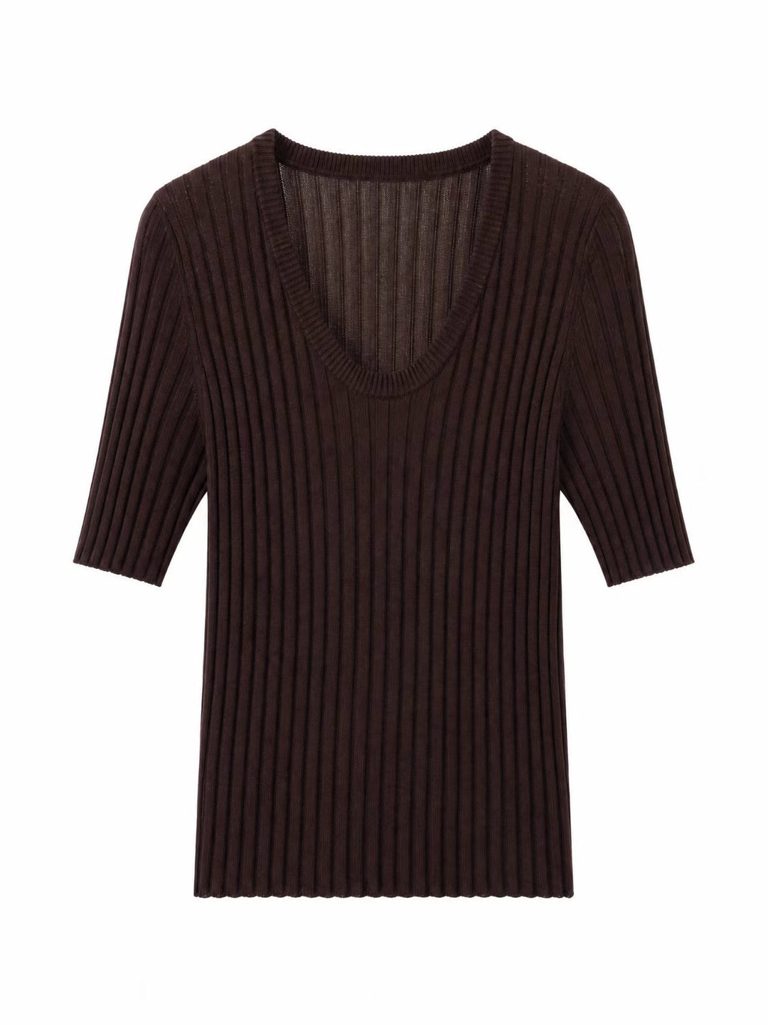 Damen Geripptes Feinstrickshirt mit tiefem U-Ausschnitt und halblangen Ärmeln Echo Archiv