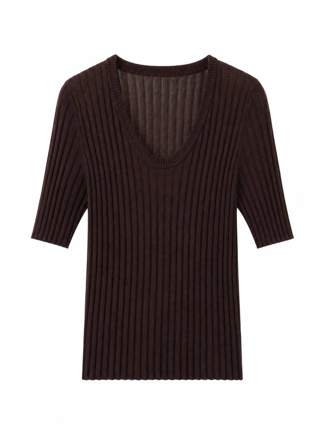 Damen Geripptes Feinstrickshirt mit tiefem U-Ausschnitt und halblangen Ärmeln Echo Archiv