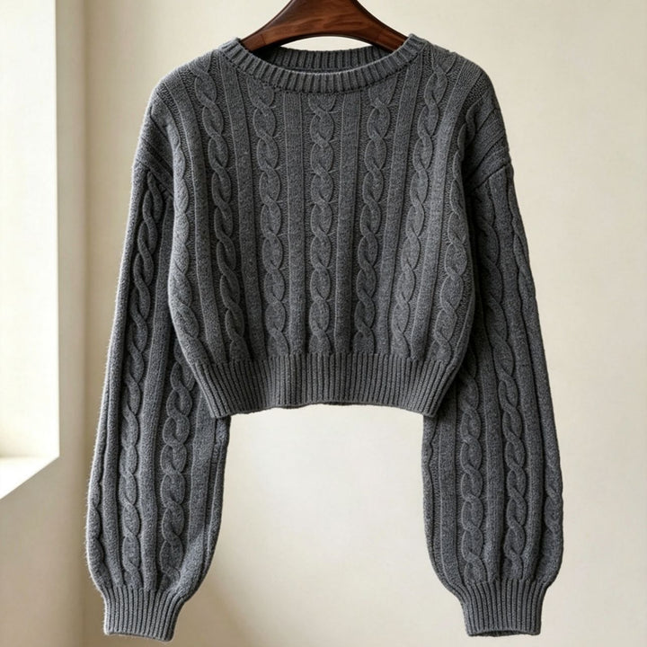Damen Cropped Zopfmuster-Strickpullover mit kastiger Silhouette und Ballonärmeln – Mavelle