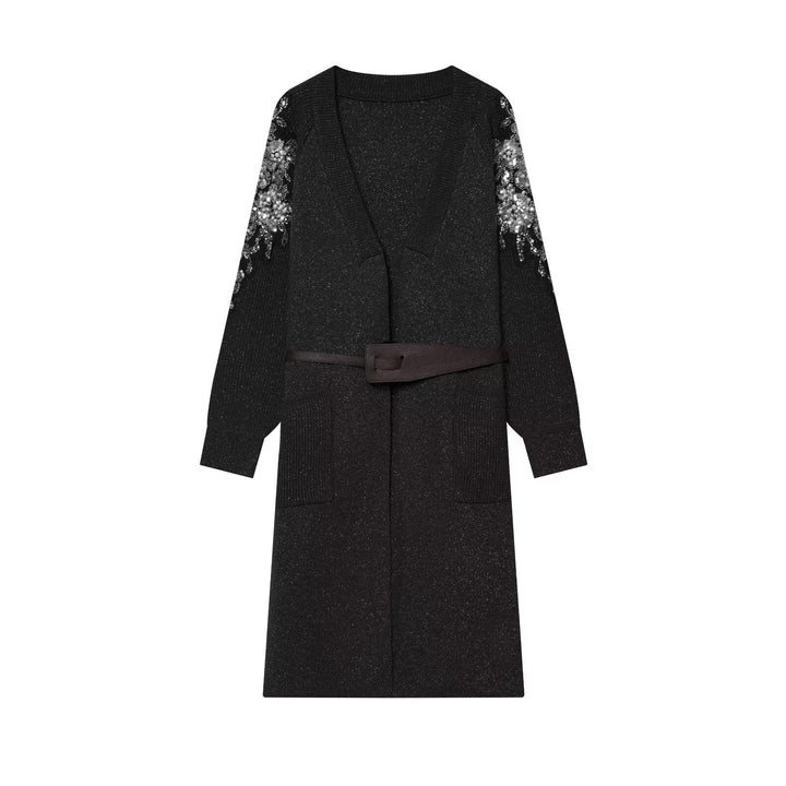 Damen Lange Strickmantel-Cardigan mit Taillengürtel und Paillettenbesatz Echo Archiv