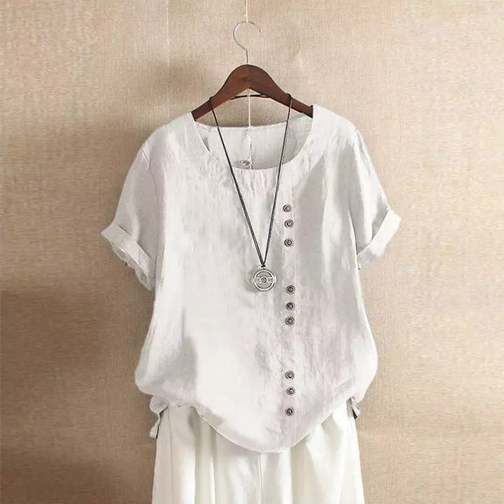 Damen Lässige Leinenbluse mit Umschlagbaren Ärmeln und Knopfdetails Echoarchiv