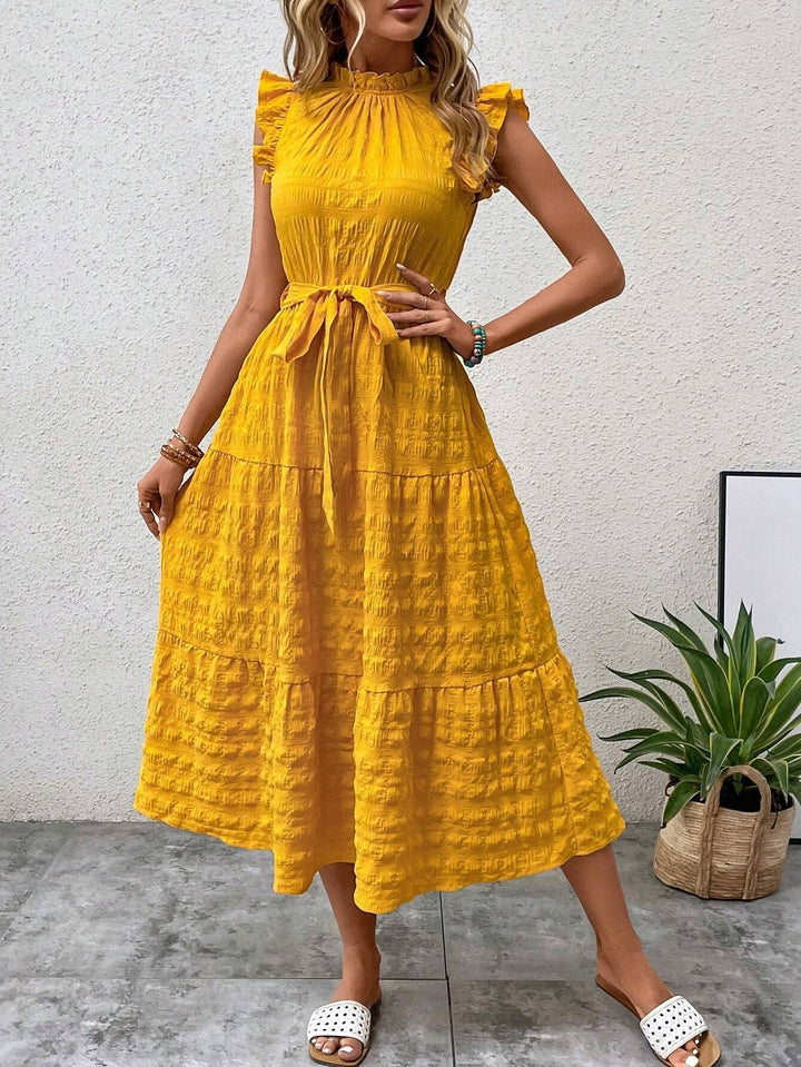 Damen Midikleid mit Stehkragen, Rüschenärmeln und Taillengürtel Echo Archiv